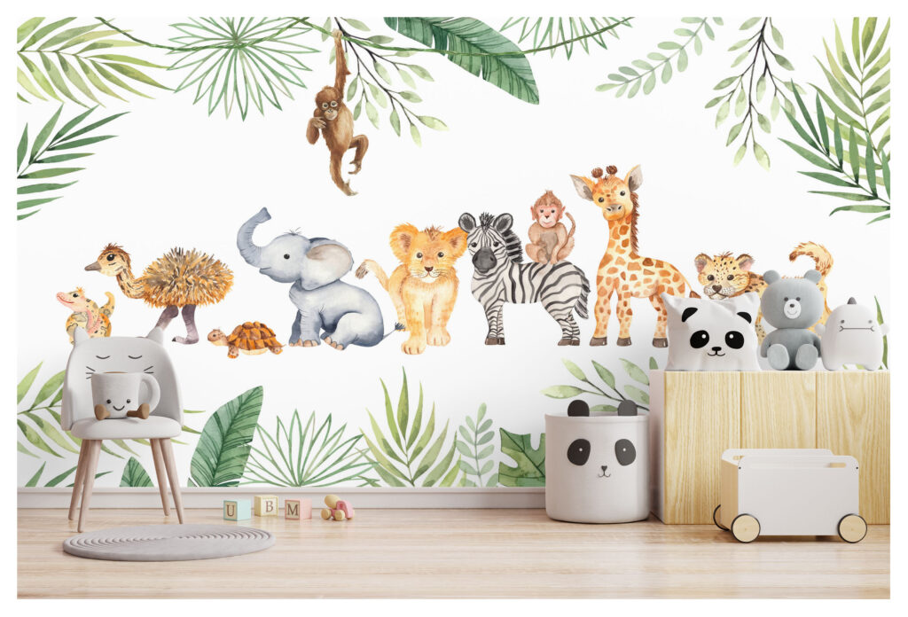 Safari Baby Animals Wallpaper : Watercolor Jungle Nursery Mural - View 3
