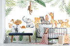 Safari Baby Animals Wallpaper : Watercolor Jungle Nursery Mural - View 5