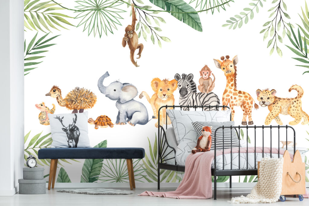 Safari Baby Animals Wallpaper : Watercolor Jungle Nursery Mural - View 5
