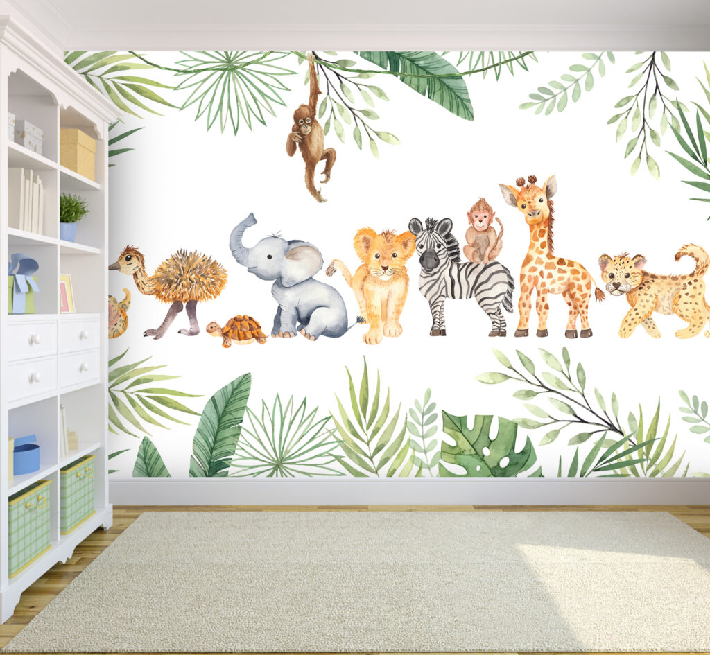 Safari Baby Animals Wallpaper : Watercolor Jungle Nursery Mural - View 4