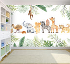Safari Baby Animals Wallpaper : Watercolor Jungle Nursery Mural - View 4