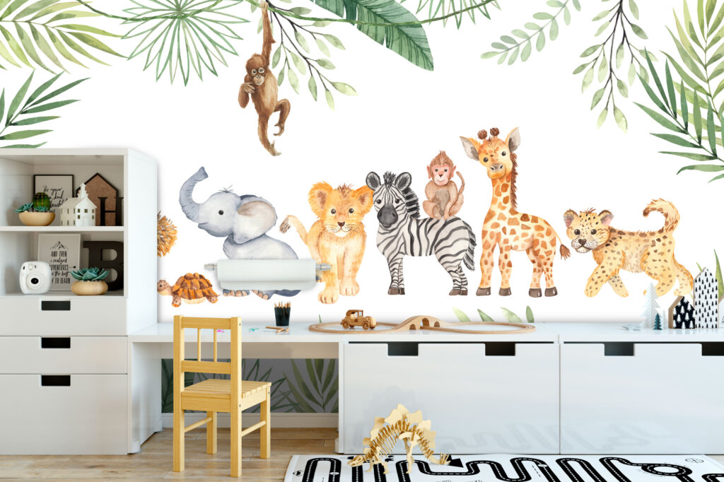 Safari Baby Animals Wallpaper : Watercolor Jungle Nursery Mural - View 2