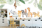 Safari Baby Animals Wallpaper : Watercolor Jungle Nursery Mural - View 2