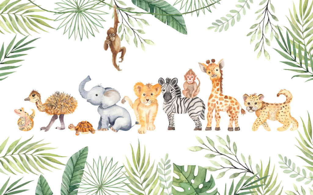 Safari Baby Animals Wallpaper : Watercolor Jungle Nursery Mural - flat design
