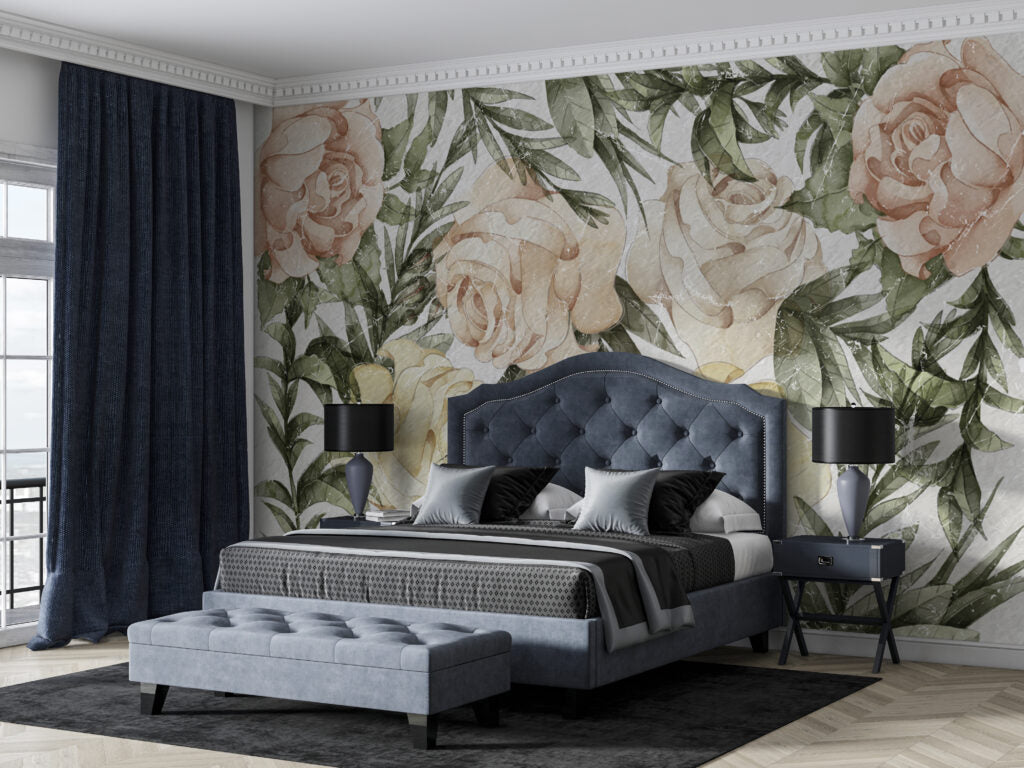 Vintage Rose Wallpaper : Peach and Olive Floral Mural
