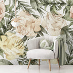Vintage Rose Wallpaper : Peach and Olive Floral Mural - View 5