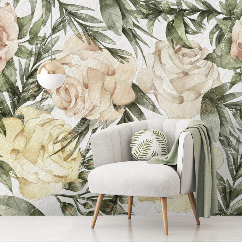 Vintage Rose Wallpaper : Peach and Olive Floral Mural - View 5