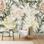 Vintage Rose Wallpaper : Peach and Olive Floral Mural - View 4