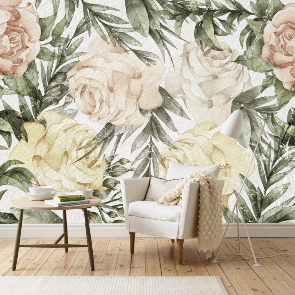 Vintage Rose Wallpaper : Peach and Olive Floral Mural - View 4