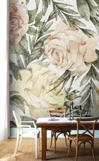 Vintage Rose Wallpaper : Peach and Olive Floral Mural - View 3