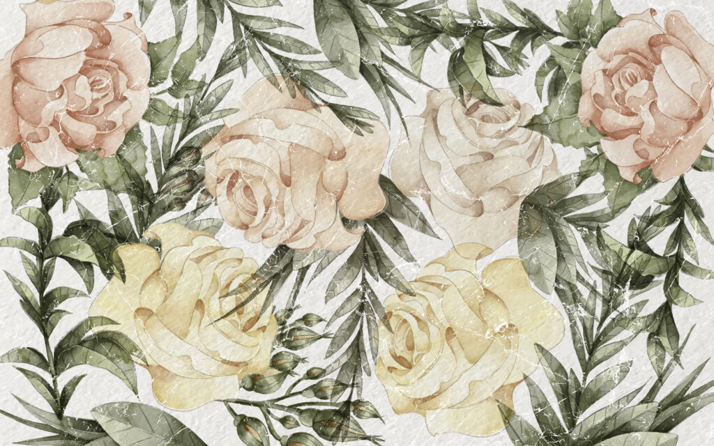Vintage Rose Wallpaper : Peach and Olive Floral Mural - flat design