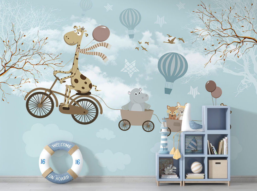 Giraffe Bicycle Wallpaper : Hippo And Balloons Kids Mural