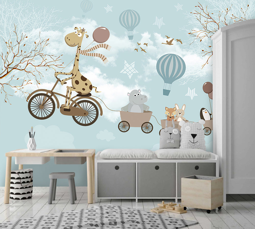Giraffe Bicycle Wallpaper : Hippo And Balloons Kids Mural - View 4
