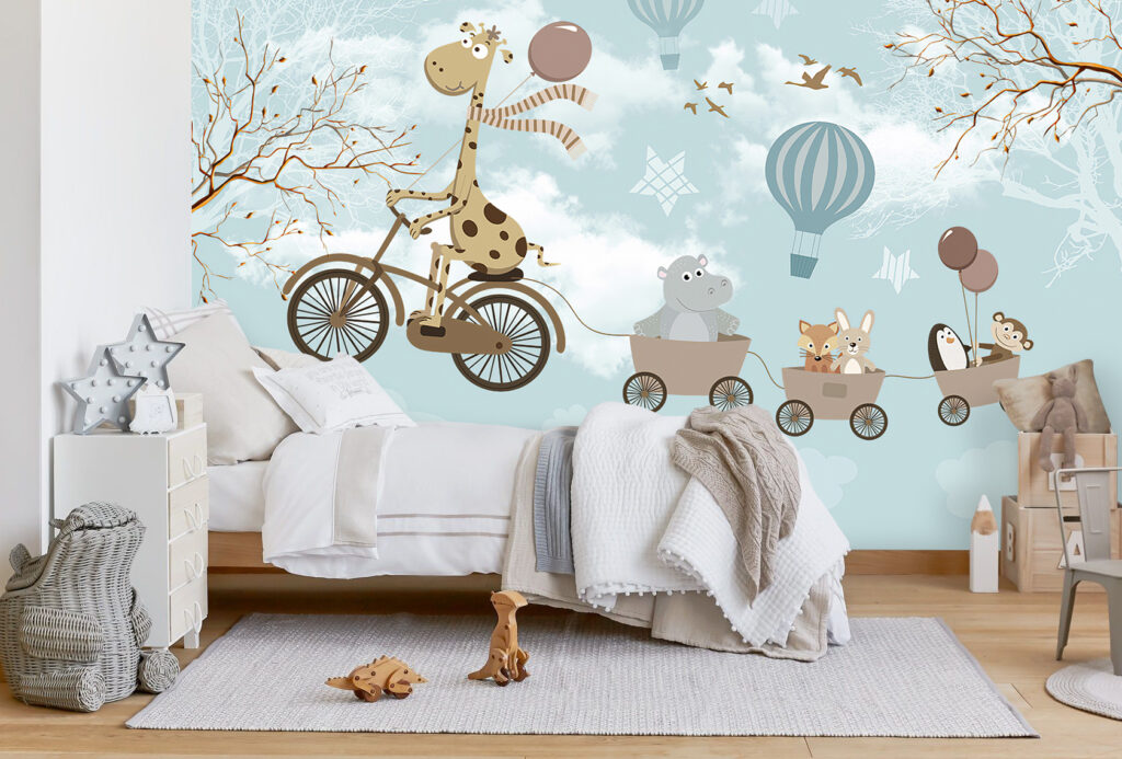 Giraffe Bicycle Wallpaper : Hippo And Balloons Kids Mural - View 3