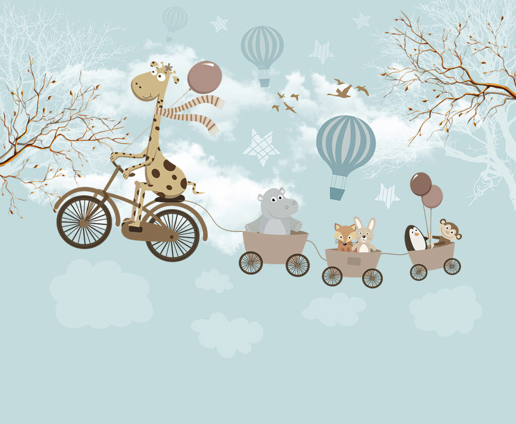 Giraffe Bicycle Wallpaper : Hippo And Balloons Kids Mural - View 2