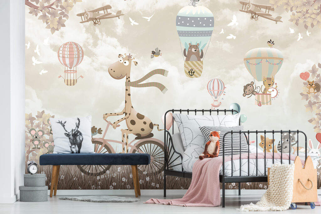 Cycling Giraffe Wallpaper : Balloon Animals Kids Mural - View 3