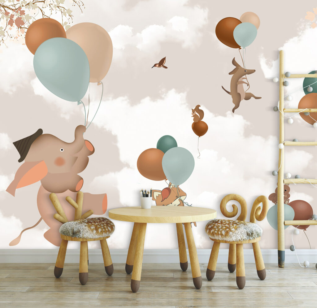 Balloon Animals Wallpaper : Soft Clouds Nursery Mural - View 5