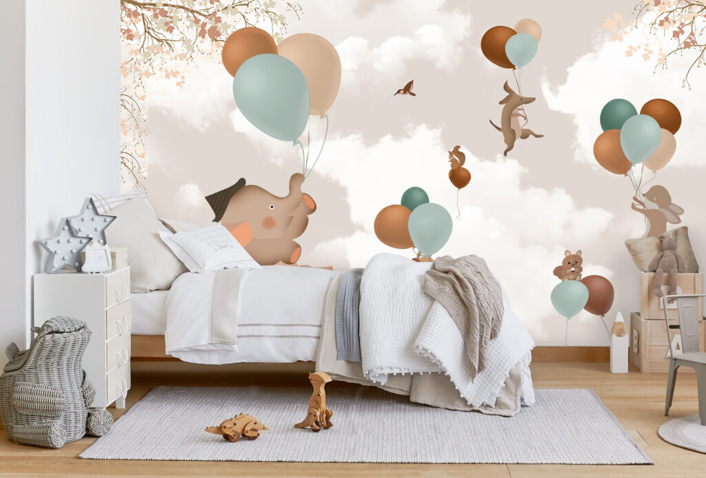 Balloon Animals Wallpaper : Soft Clouds Nursery Mural - View 2