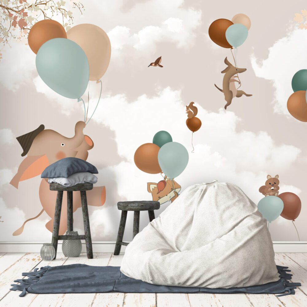 Balloon Animals Wallpaper : Soft Clouds Nursery Mural - View 3