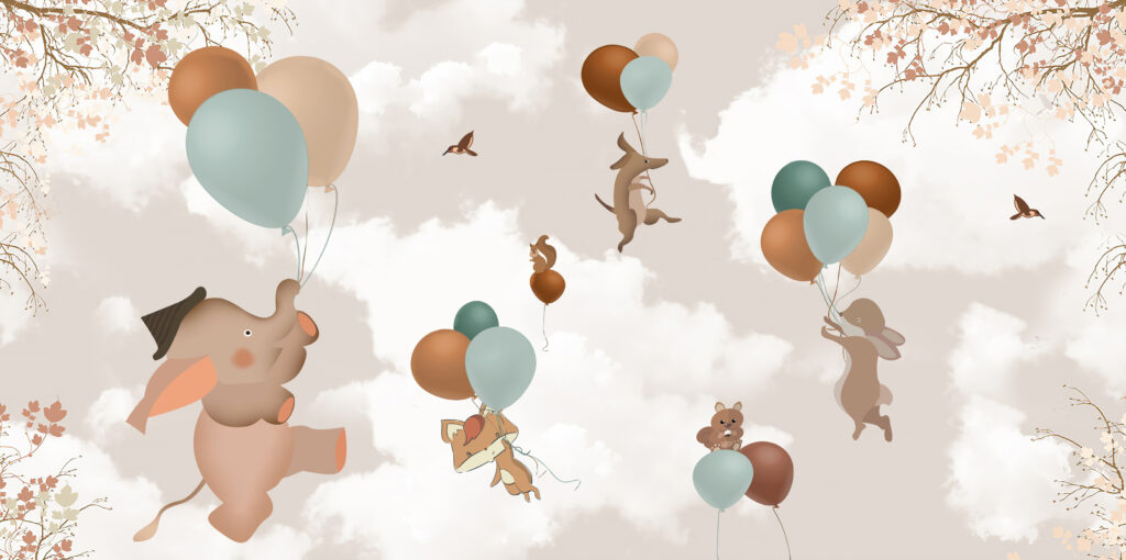 Balloon Animals Wallpaper : Soft Clouds Nursery Mural - flat design