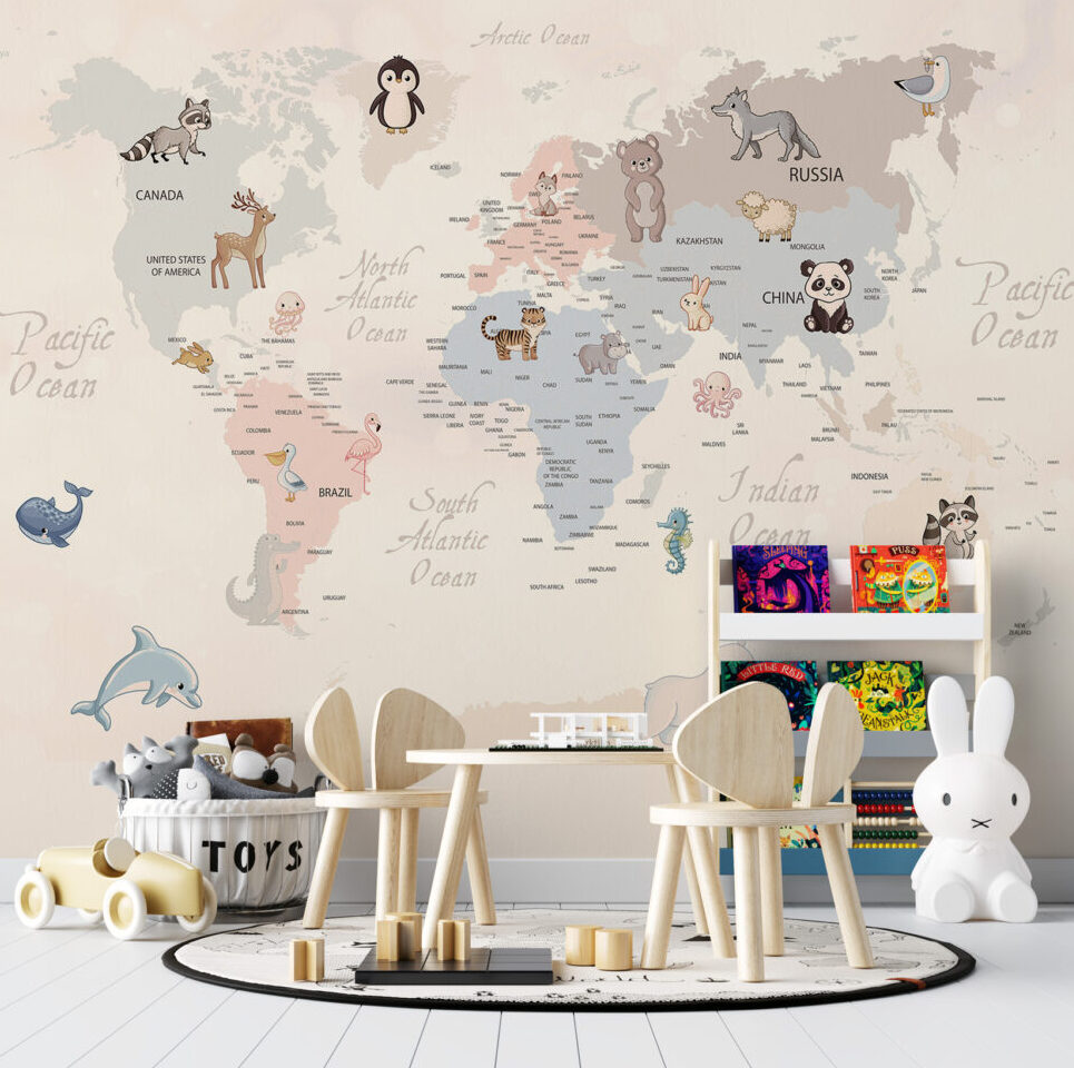 Pastel Animal World Map Wallpaper : Kids Calligraphy Map Mural