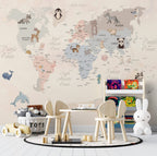 Pastel Animal World Map Wallpaper : Kids Calligraphy Map Mural