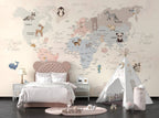 Pastel Animal World Map Wallpaper : Kids Calligraphy Map Mural - View 2