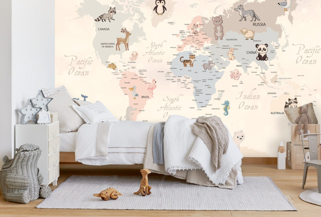 Pastel Animal World Map Wallpaper : Kids Calligraphy Map Mural - View 5