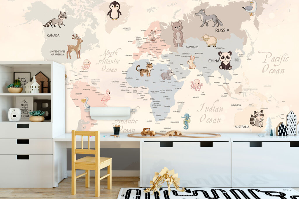 Pastel Animal World Map Wallpaper : Kids Calligraphy Map Mural - View 4