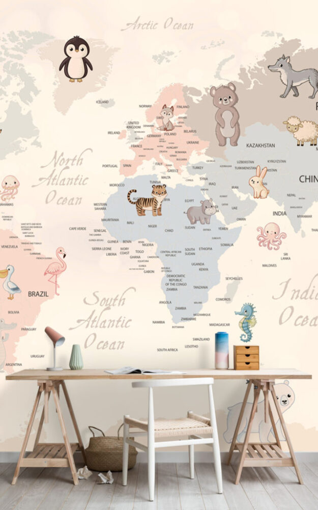 Pastel Animal World Map Wallpaper : Kids Calligraphy Map Mural - View 3