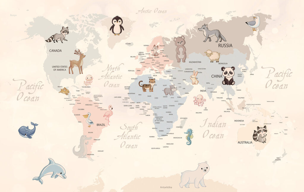Pastel Animal World Map Wallpaper : Kids Calligraphy Map Mural - flat design