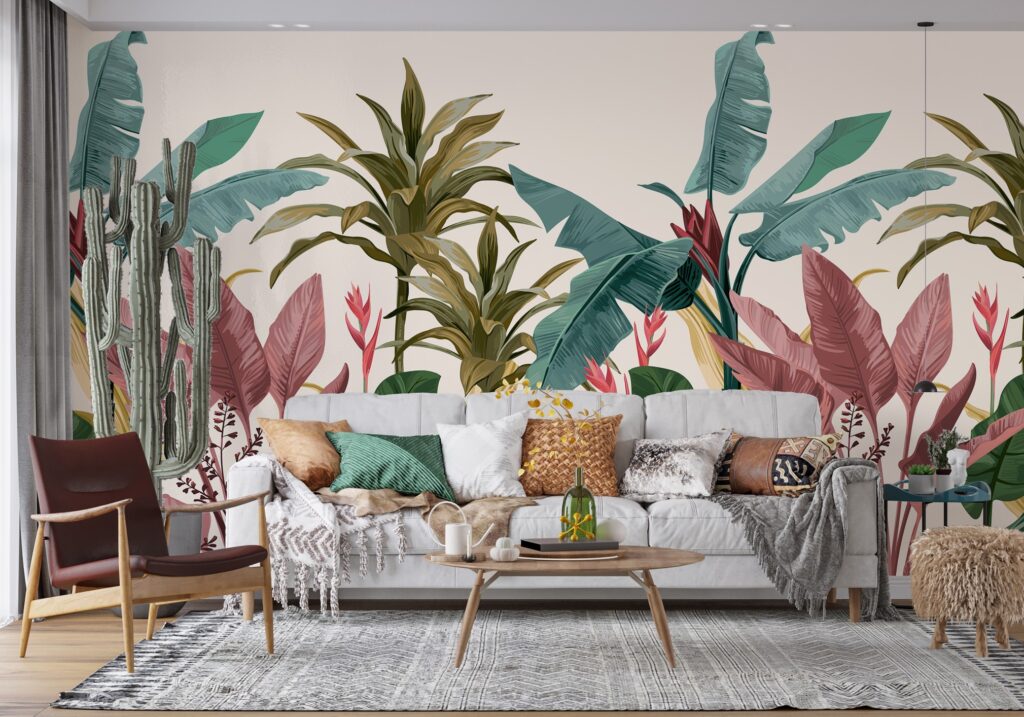 Colorful Tropical Plant Wallpaper : Heliconia And Palm Mural