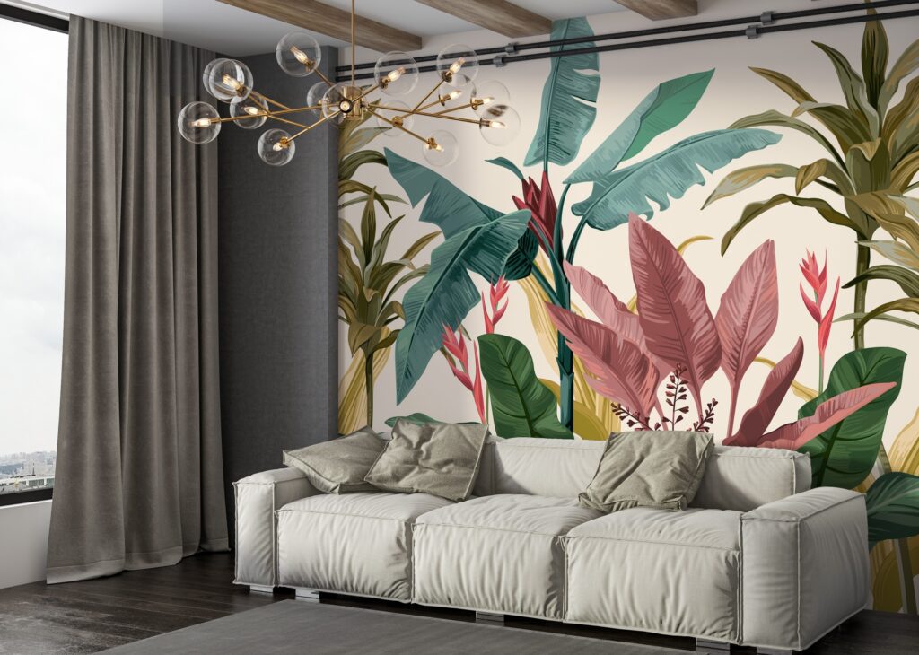 Colorful Tropical Plant Wallpaper : Heliconia And Palm Mural - View 4