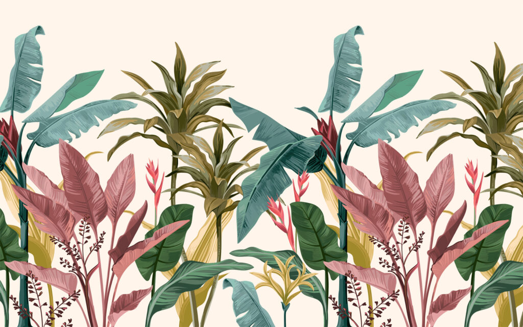 Colorful Tropical Plant Wallpaper : Heliconia And Palm Mural - View 2
