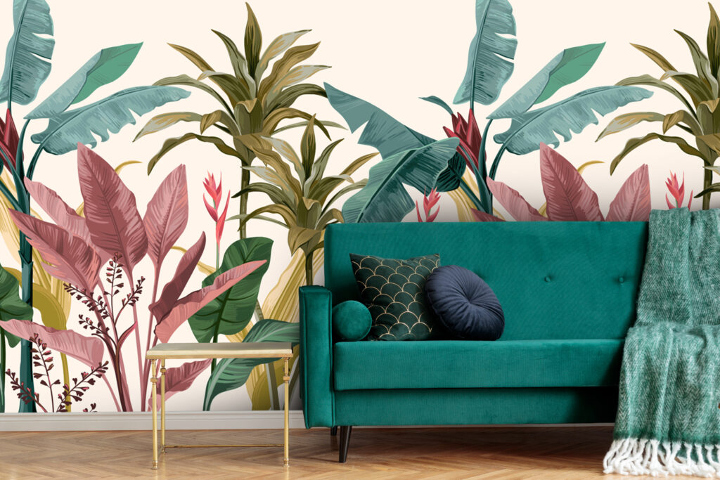 Colorful Tropical Plant Wallpaper : Heliconia And Palm Mural - View 3