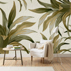 Olive Tropical Leaf Wallpaper : Beige Exotic Foliage Mural