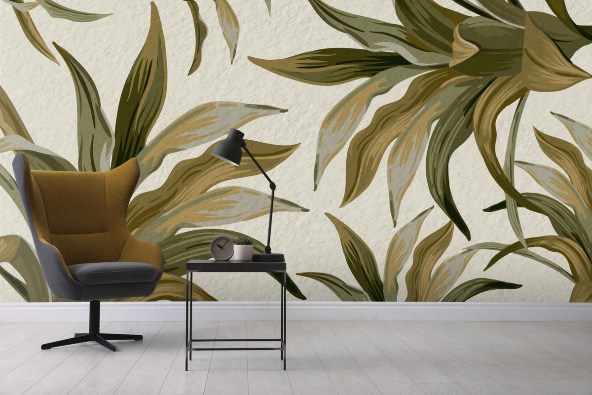Olive Tropical Leaf Wallpaper : Beige Exotic Foliage Mural - View 2
