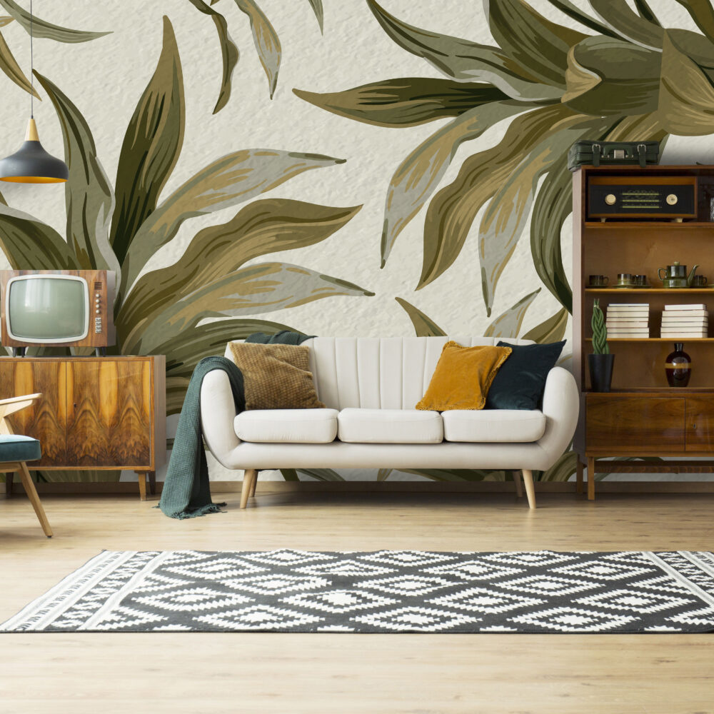 Olive Tropical Leaf Wallpaper : Beige Exotic Foliage Mural - View 5
