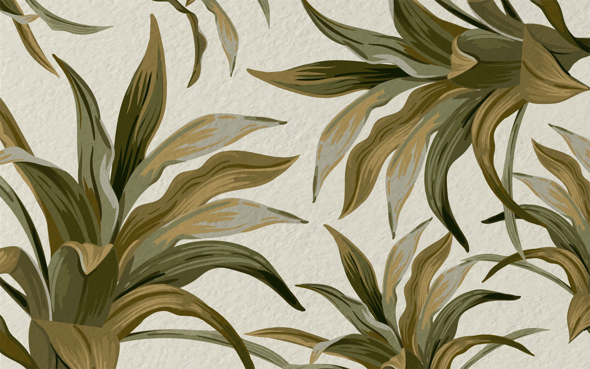 Olive Tropical Leaf Wallpaper : Beige Exotic Foliage Mural - flat design