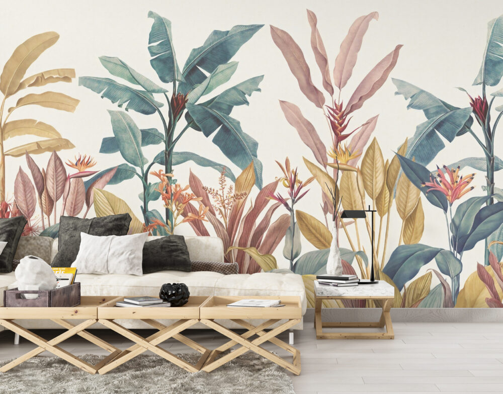 Pastel Tropical Plant Wallpaper : Soft Banana Leaf Garden Mural