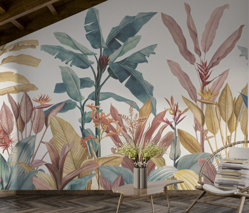 Pastel Tropical Plant Wallpaper : Soft Banana Leaf Garden Mural - View 4