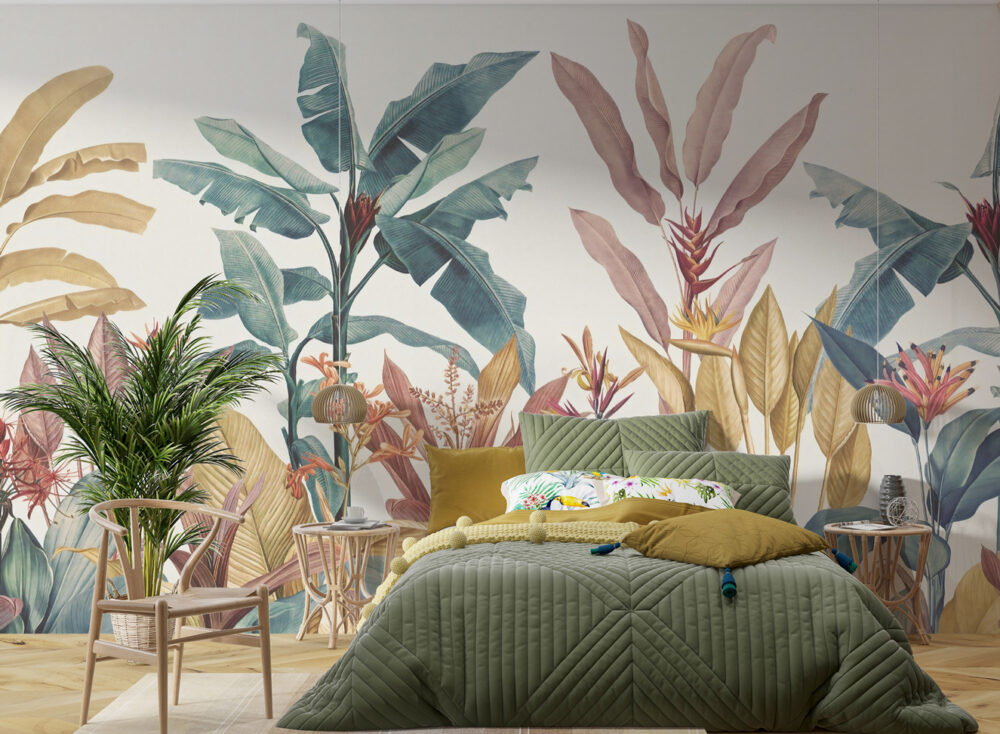 Pastel Tropical Plant Wallpaper : Soft Banana Leaf Garden Mural - View 3