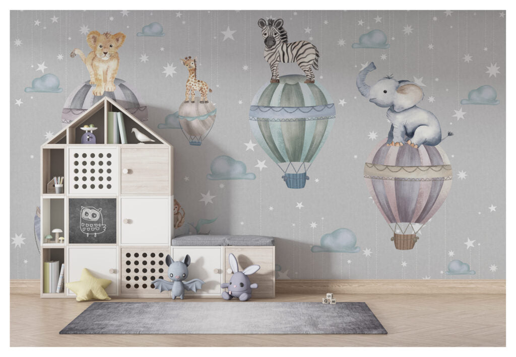 Hot Air Balloon Animals Wallpaper : Starry Grey Nursery Mural - View 3