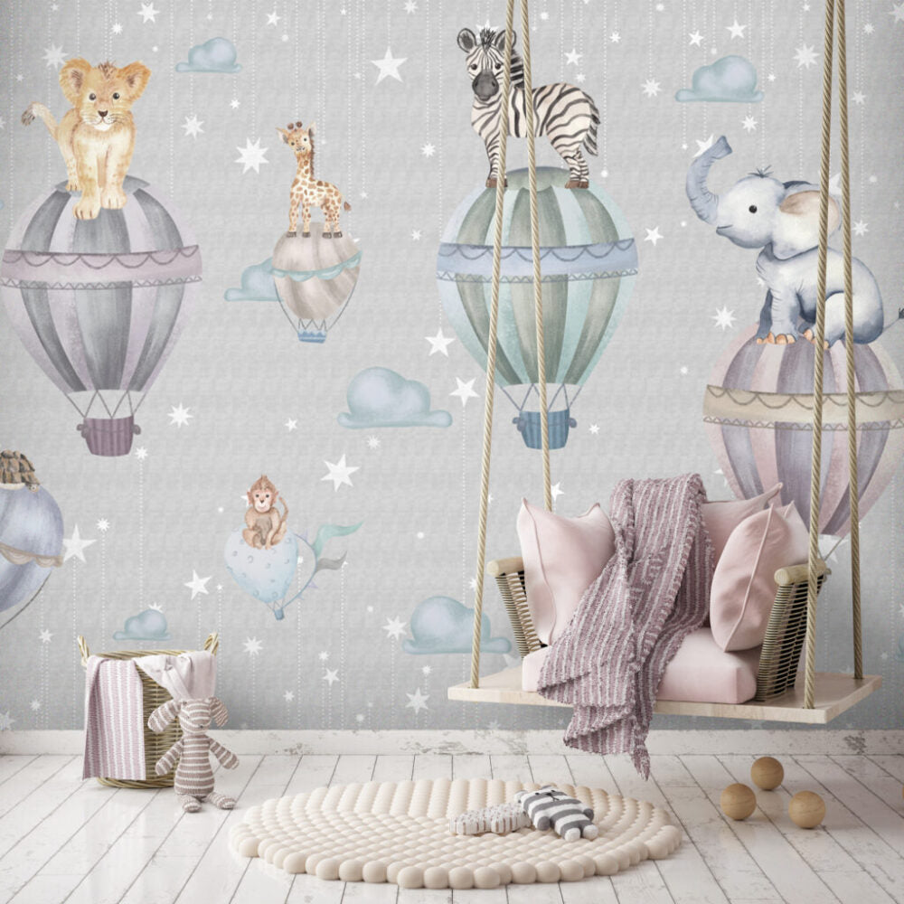 Hot Air Balloon Animals Wallpaper : Starry Grey Nursery Mural - View 5
