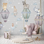 Hot Air Balloon Animals Wallpaper : Starry Grey Nursery Mural - View 5