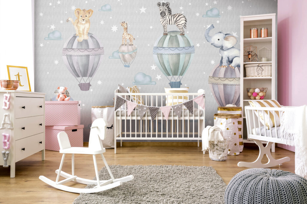Hot Air Balloon Animals Wallpaper : Starry Grey Nursery Mural - View 2