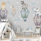 Hot Air Balloon Animals Wallpaper : Starry Grey Nursery Mural - View 4