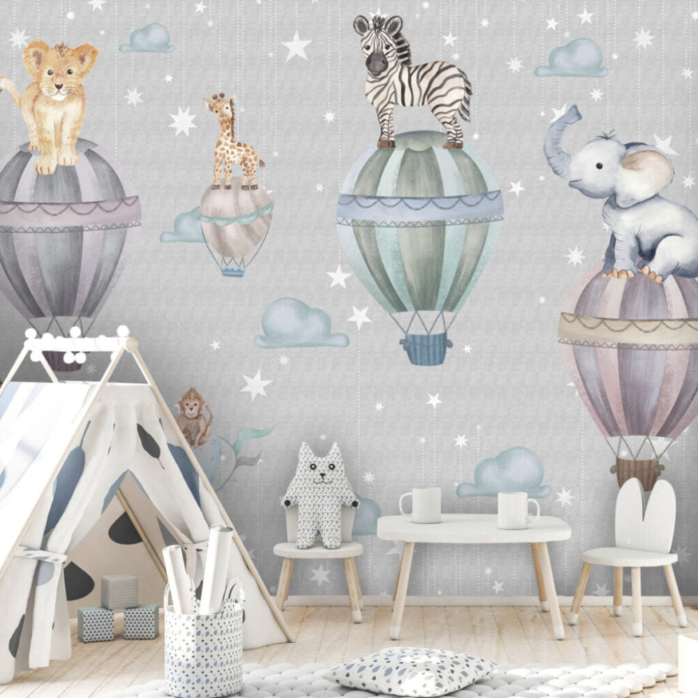 Hot Air Balloon Animals Wallpaper : Starry Grey Nursery Mural - View 4