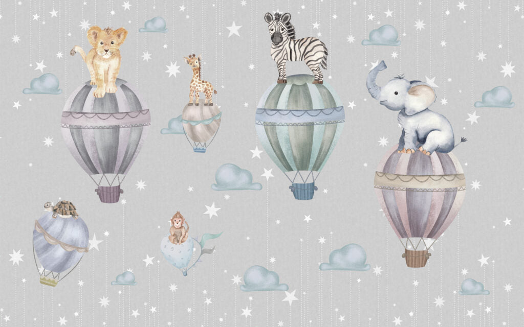 Hot Air Balloon Animals Wallpaper : Starry Grey Nursery Mural - flat design