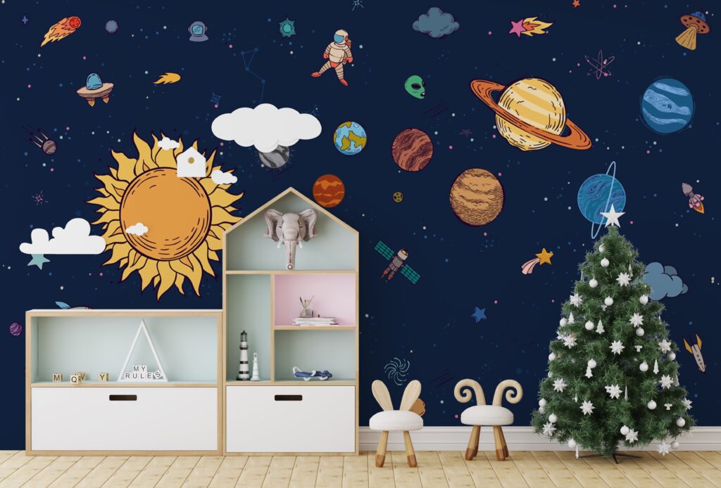 Solar System Wallpaper : Kids Planets and Astronaut Mural